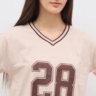Women's Light Beige Cotton V-Neck Casual Crop T-Shirt, Beige, small