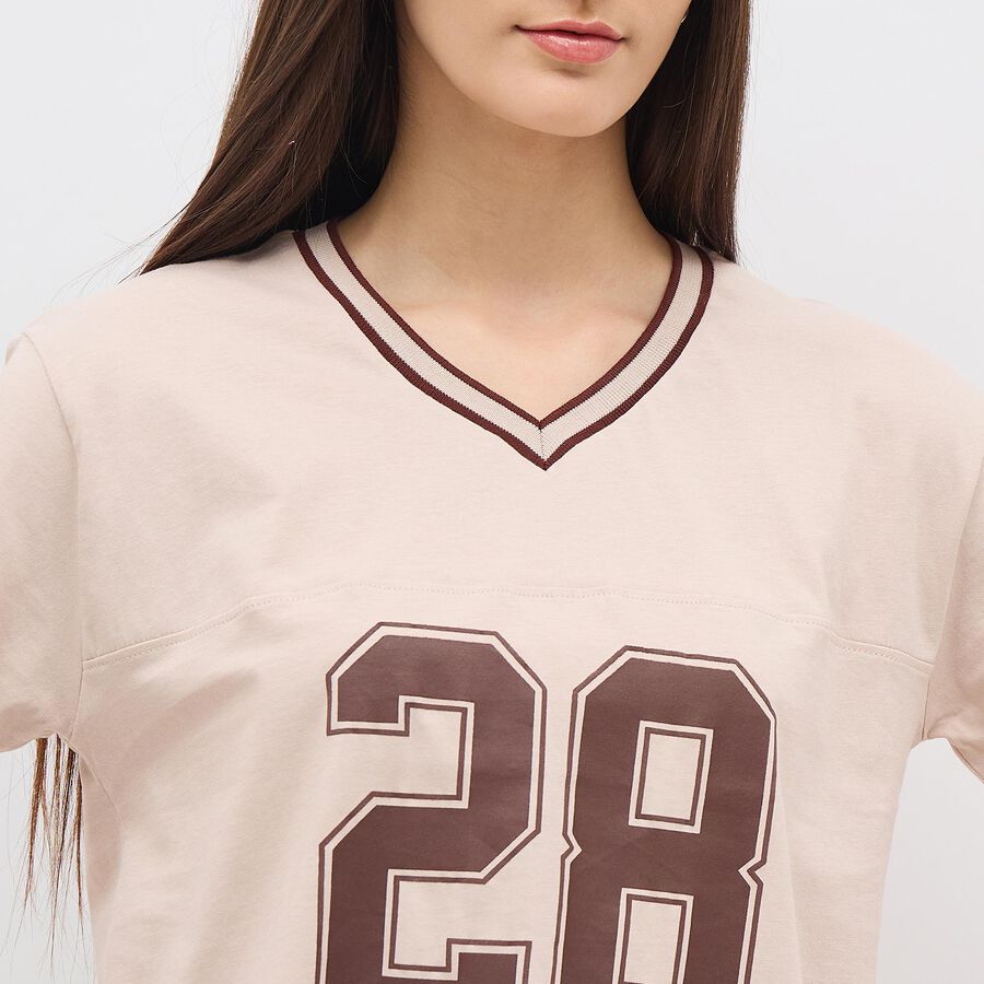 Women's Light Beige Cotton V-Neck Casual Crop T-Shirt, Beige, large