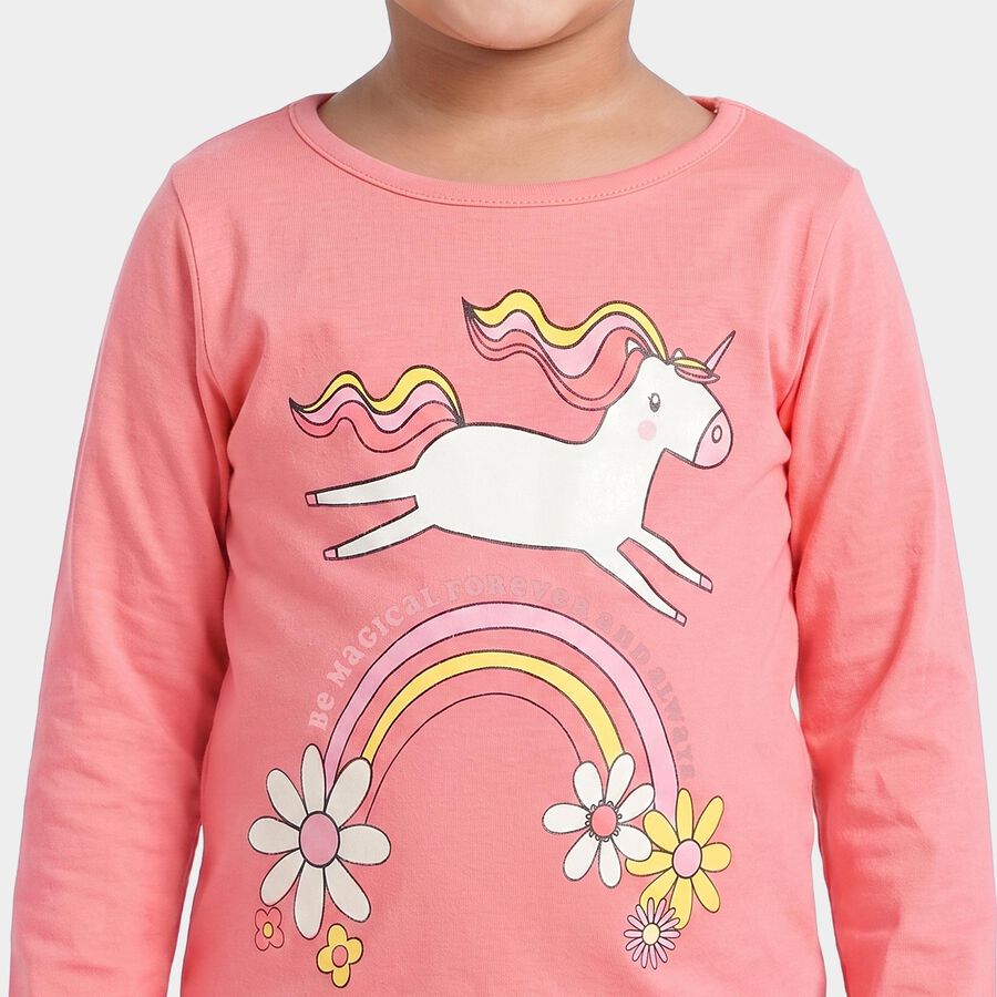 Girls' Coral Round Neck Regular Top, मूँगा (कोरल), large
