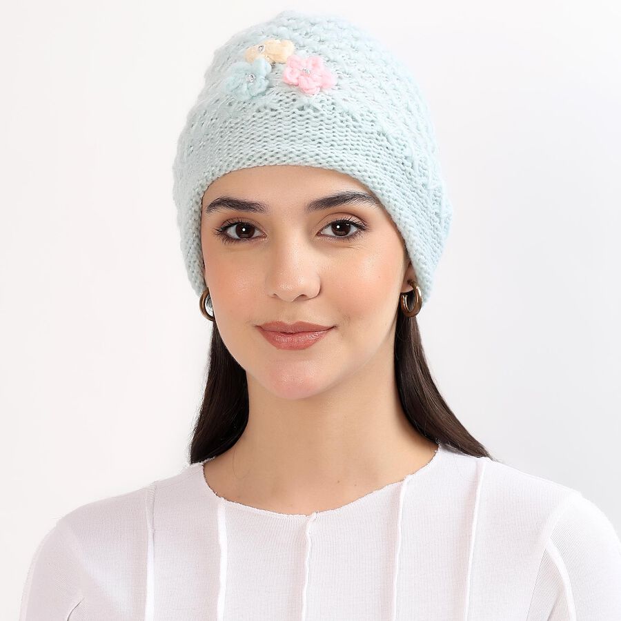 Women's Light Pastel Blue Floral Beanie Cap, हल्का हरा, large image number null