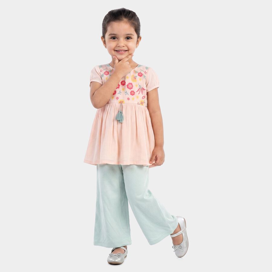 Girls Light Pink Round Neck Fusion Set Upper and Bottom Set, Light Pink, large