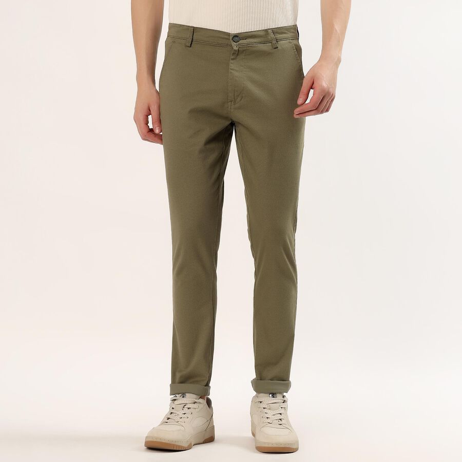 Men's Green Slim Fit Flat-Front Casual Trousers, Light Green, large