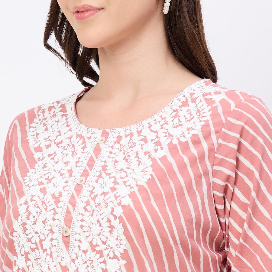 Women's Soft Rose Pink 100% Cotton Round Neck Straight Kurta, गुलाबी, large