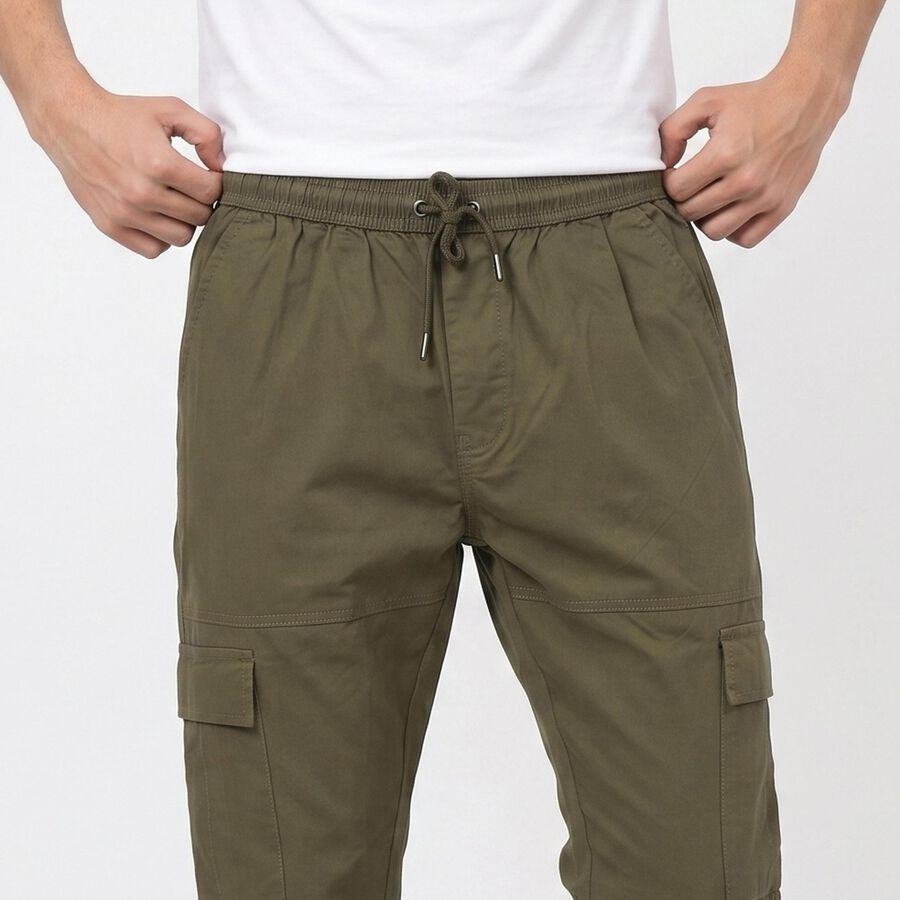 Men's Olive Green Slim Fit Cargo Trousers, Olive, large