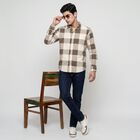 Men's Beige Cotton Long Sleeve Checked Casual Shirt, गहरा पीला, small