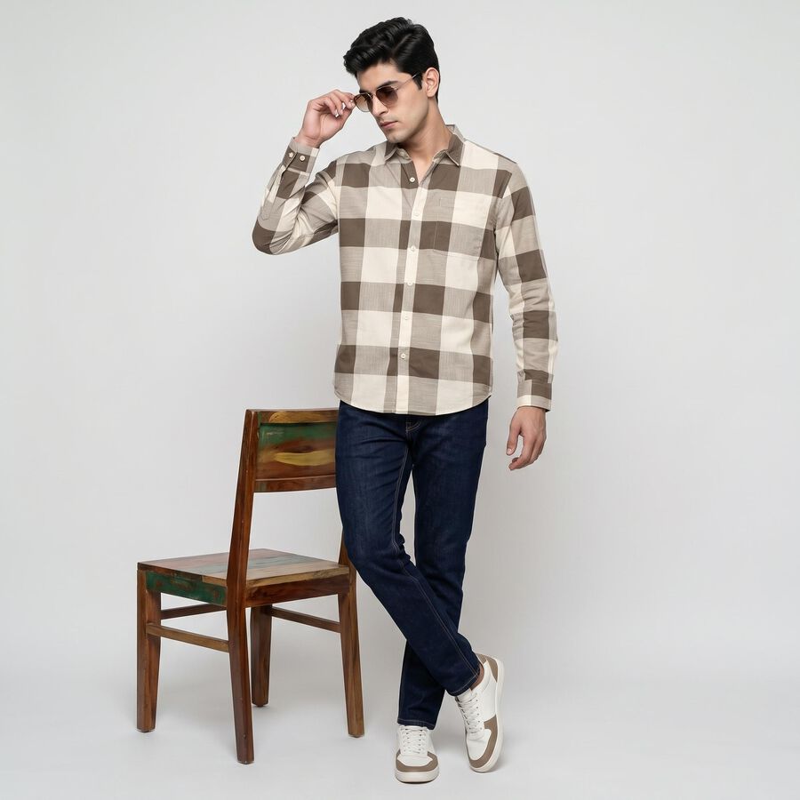 Men's Beige Cotton Long Sleeve Checked Casual Shirt, गहरा पीला, large