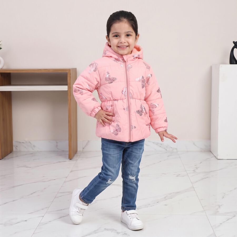 Girls Pink Hooded Puffer Jacket, Light Pink, large