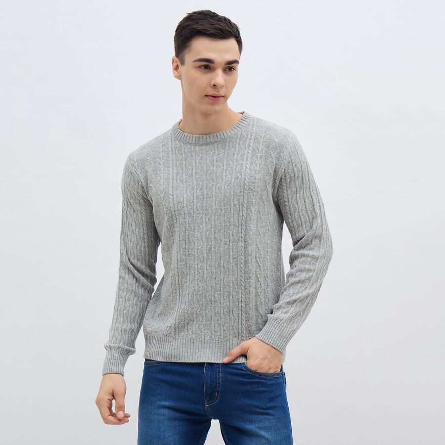 Men's Light Grey Crew Neck Casual Pullover, मिश्रित हल्का ग्रे, large image number null