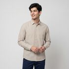 Men's Beige 100% Cotton Long Sleeve Collar Casual Shirt, Beige, small