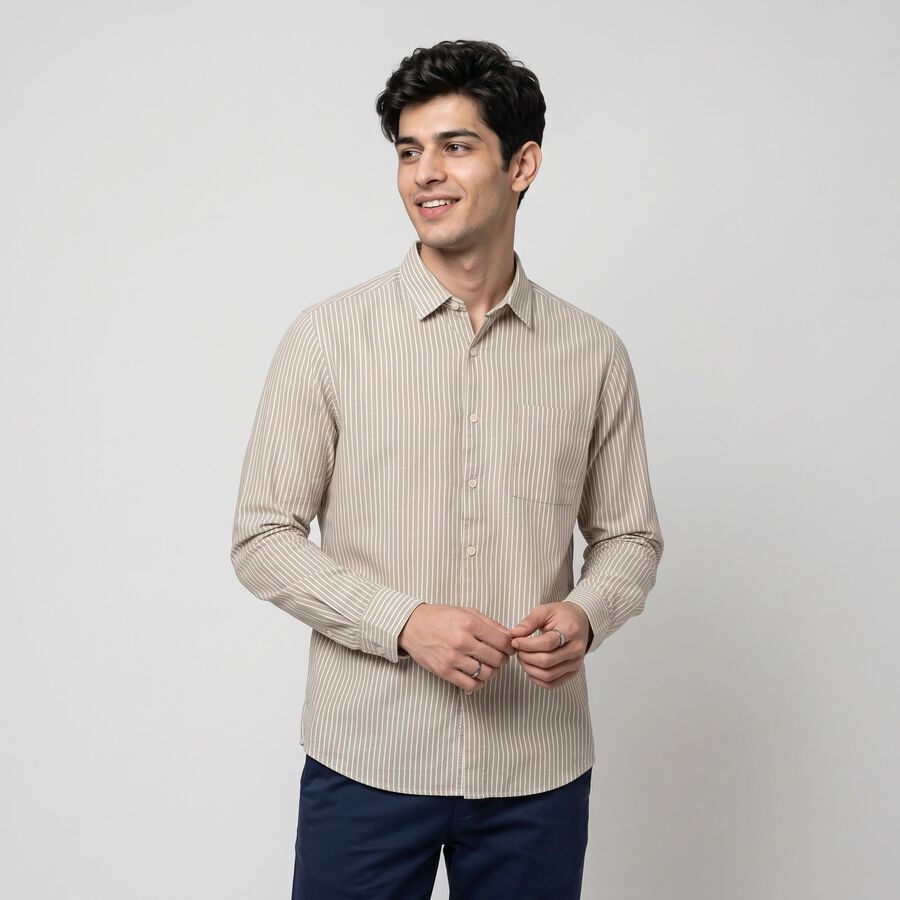 Men's Beige 100% Cotton Long Sleeve Collar Casual Shirt, Beige, large