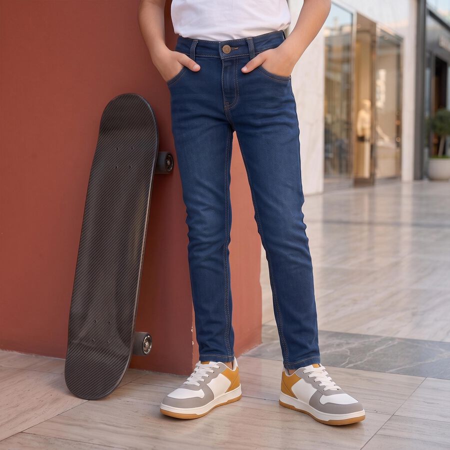 Boys Navy Blue Slim Fit Washed Jeans, गहरा नीला, large