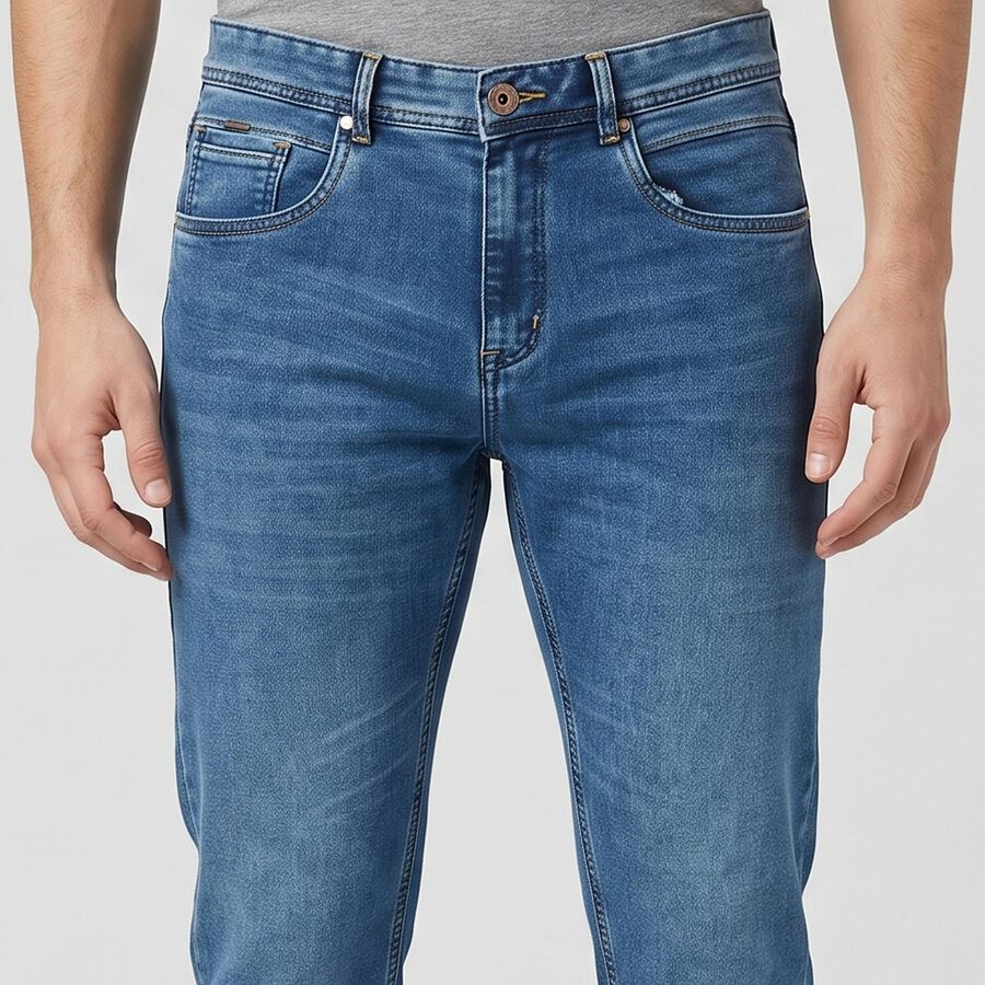 Men's Blue Slim Fit Washed Jeans, Mid Blue, large
