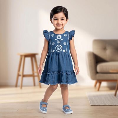 Girls' Blue Tiered Embroidered Ruffle Sleeve Frock