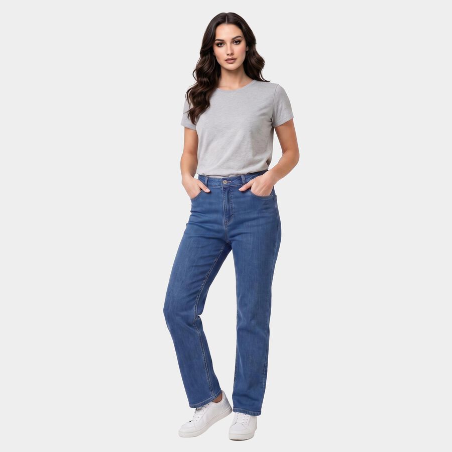 Women's Blue Straight Fit Washed Jeans, Mid Blue, large
