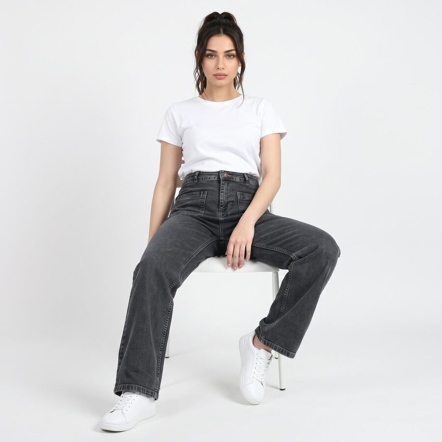 Women's Dark Grey Straight Fit Patch Pocket Jeans, गहरा ग्रे, large