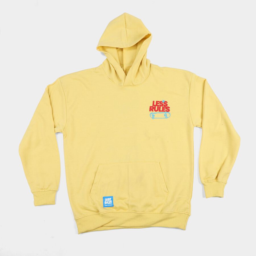 Boys Yellow Hoodie Neck Graphic Print Sweatshirt, Yellow, large