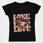 Girls Black Cotton Round Neck Casual T-Shirt, काला, small