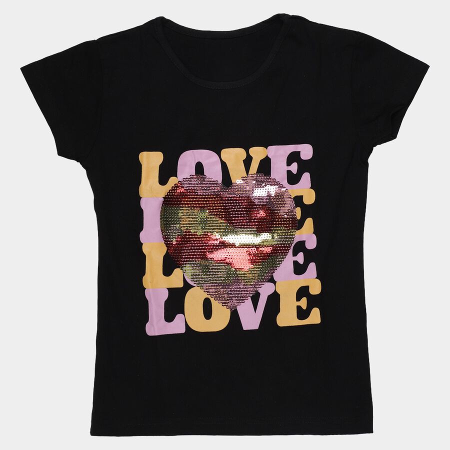 Girls Black Cotton Round Neck Casual T-Shirt, काला, large
