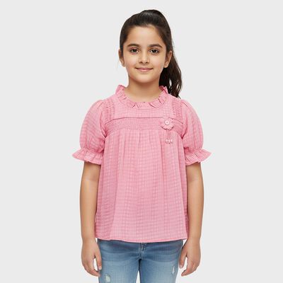 Girls Light Pink Round Neck Casual T-Shirt