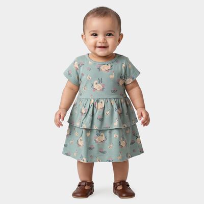 Infants' Mint Green Tiered Graphic Printed Frock