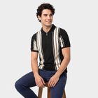 Men Black Polo Neck Striped T-Shirt, Black, small