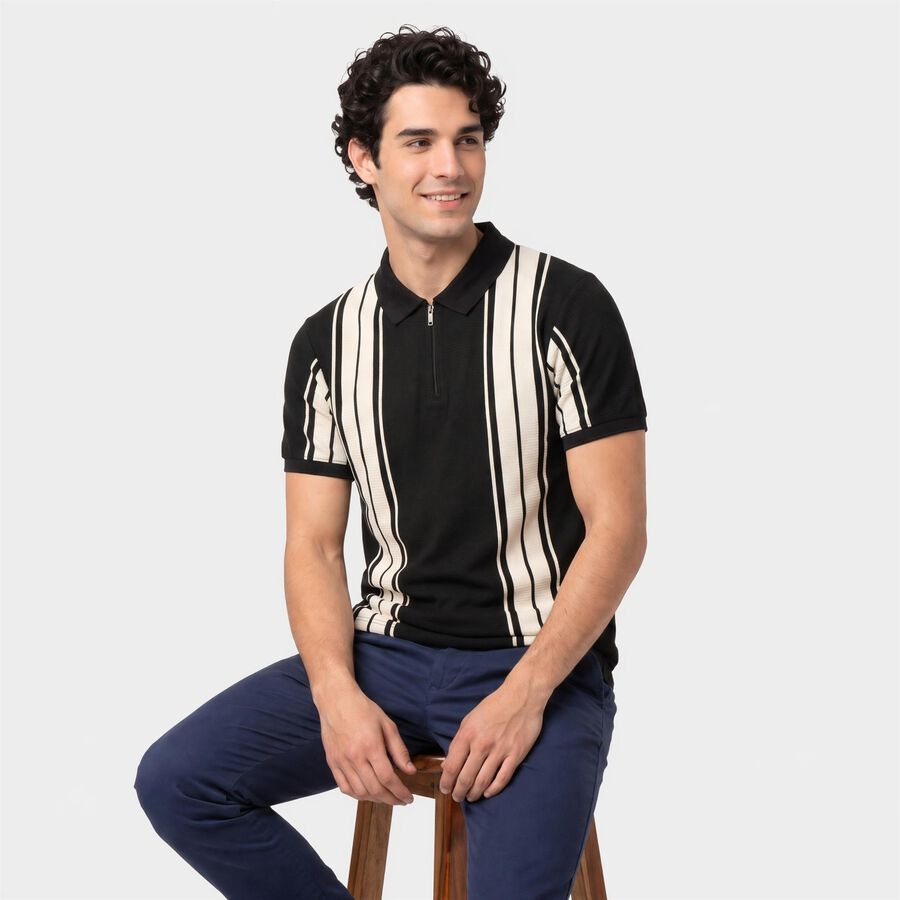 Men Black Polo Neck Striped T-Shirt, Black, large