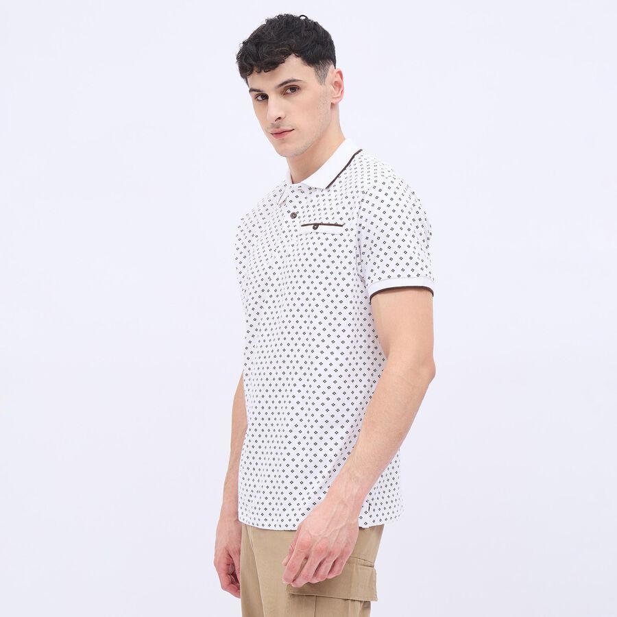 Men's Rich Eggshell White Cotton Polo Neck Printed T-Shirt, White, large image number null