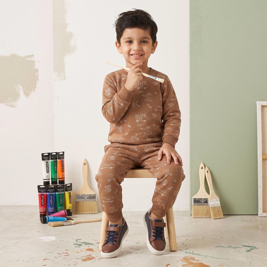Boys Brown Crew Neck Printed Baba Suit, भूरा, large