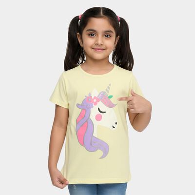 Girls' Yellow Cotton Round Neck Unicorn Printed T-Shirt