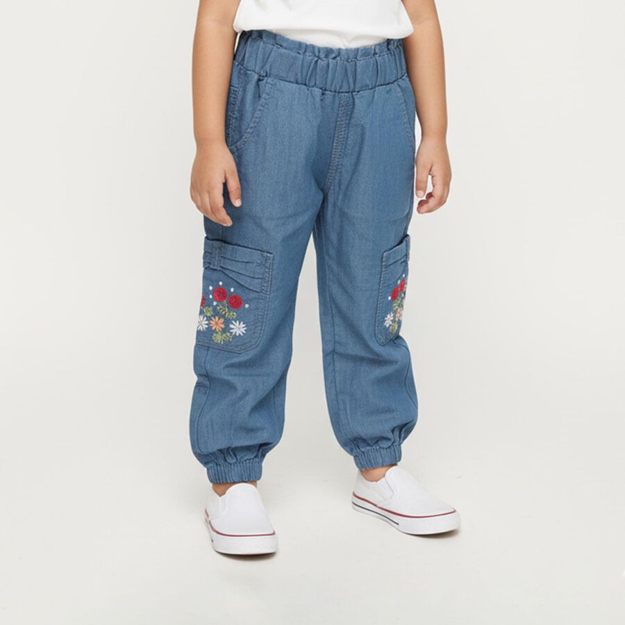 Girls' Medium Blue Relaxed Fit Embroidered Cargo Jeans, Light Blue, large image number null