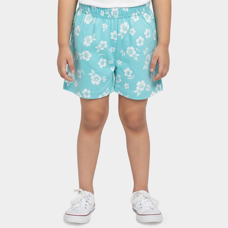 Girls' Teal Regular Fit Floral Printed Shorts, एक्वा, large