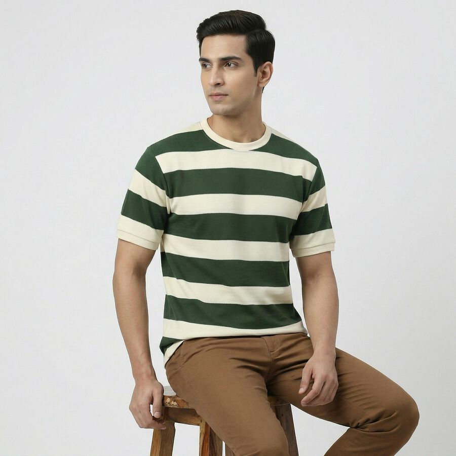 Men's Dark Green Round Neck Casual T-Shirt, Dark Green, large