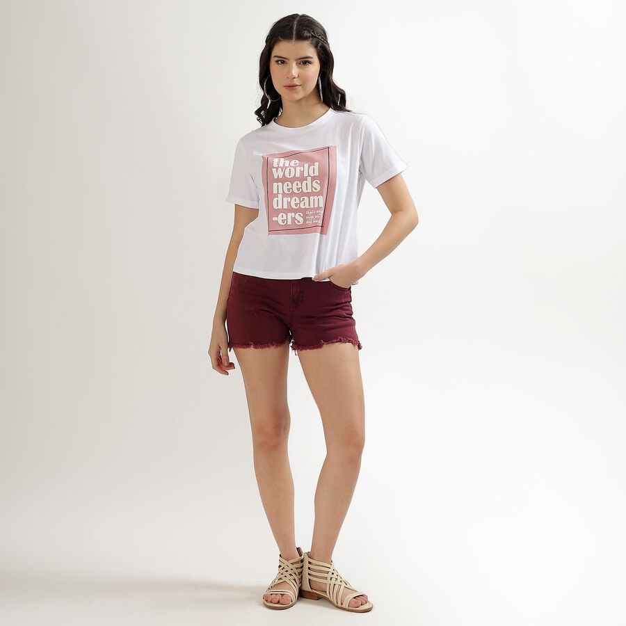 Women's Bright White Cotton Round Neck Printed T-Shirt, White, large image number null