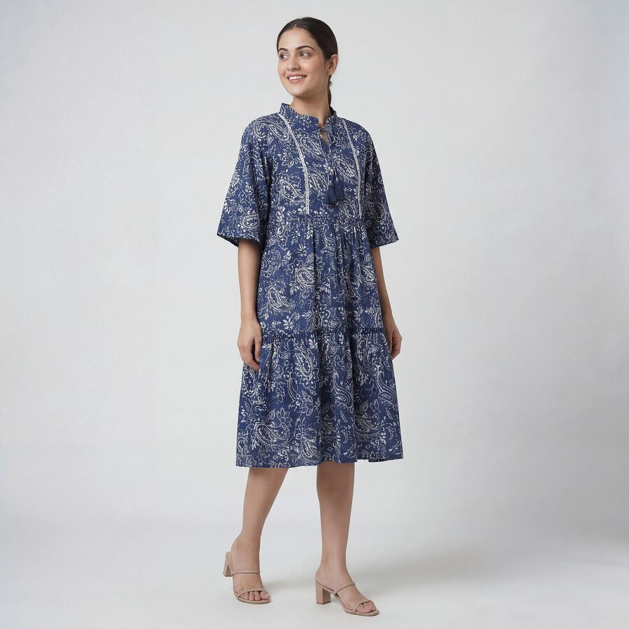 Women's Blue V-Neck Bohemian Dress, Navy Blue, large