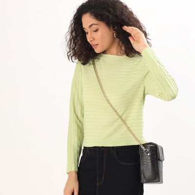 Women's Light Sage Green Round Neck Casual Crop Top