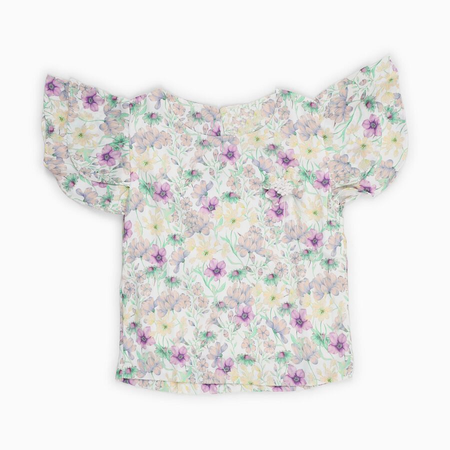 Girls' Off White Round Neck Casual Floral Printed T-Shirt, Off White, large image number null
