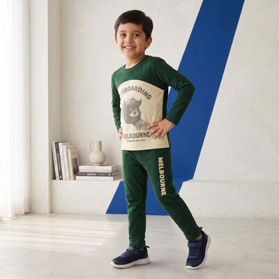 Boys' Green 100% Cotton Round Neck Graphic Print Baba Suit