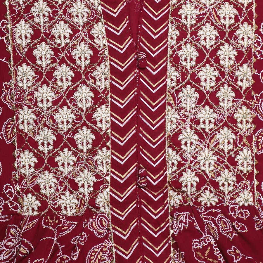 Girls' Deep Maroon Cotton Embroidered Kurta and Trouser Fusion Set with Dupatta, Wine, large image number null