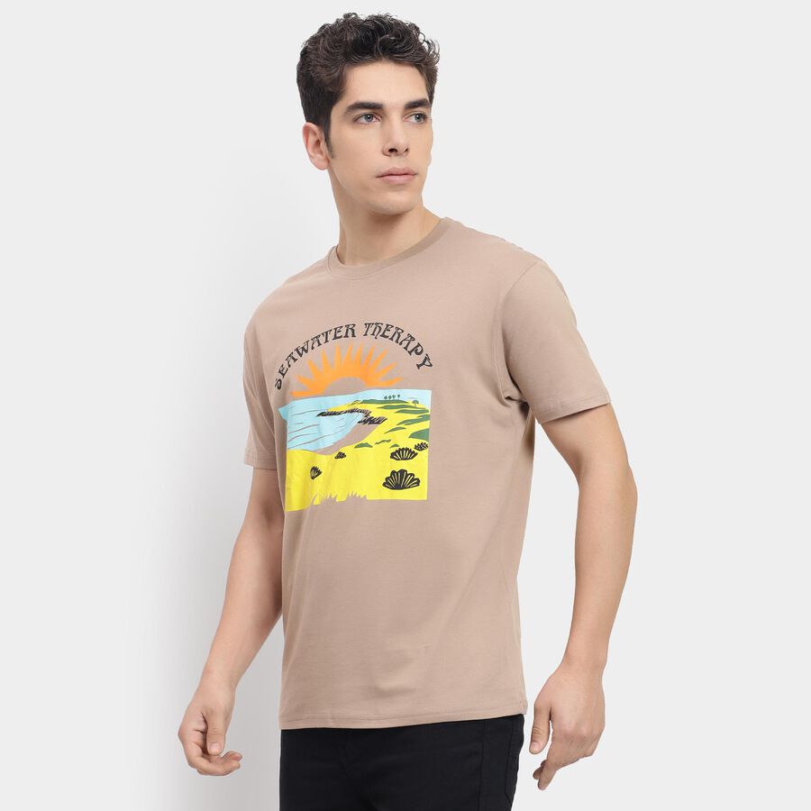 Men's 100% Cotton Round Neck Half Sleeves T-Shirt , Beige, large