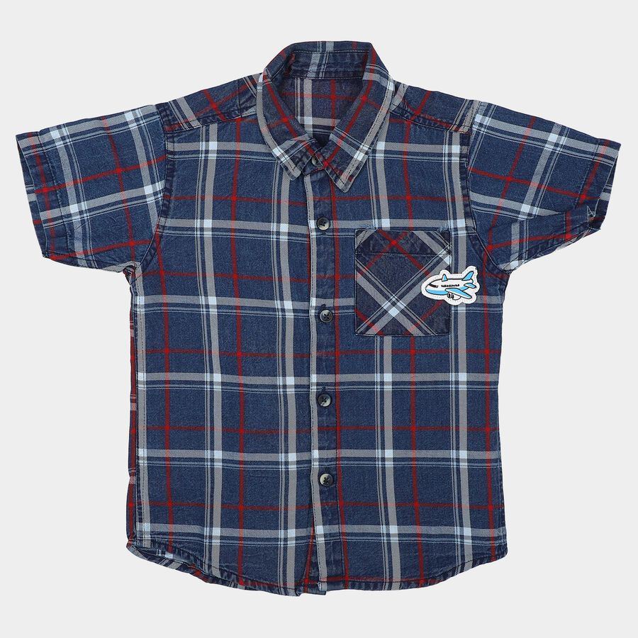 Boys Navy Blue Cotton Short Sleeves Collar Shirt, Navy Blue, large