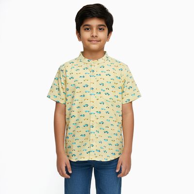 Boys Light Yellow Cotton Half Sleeve Mandarin Collar Casual Shirt
