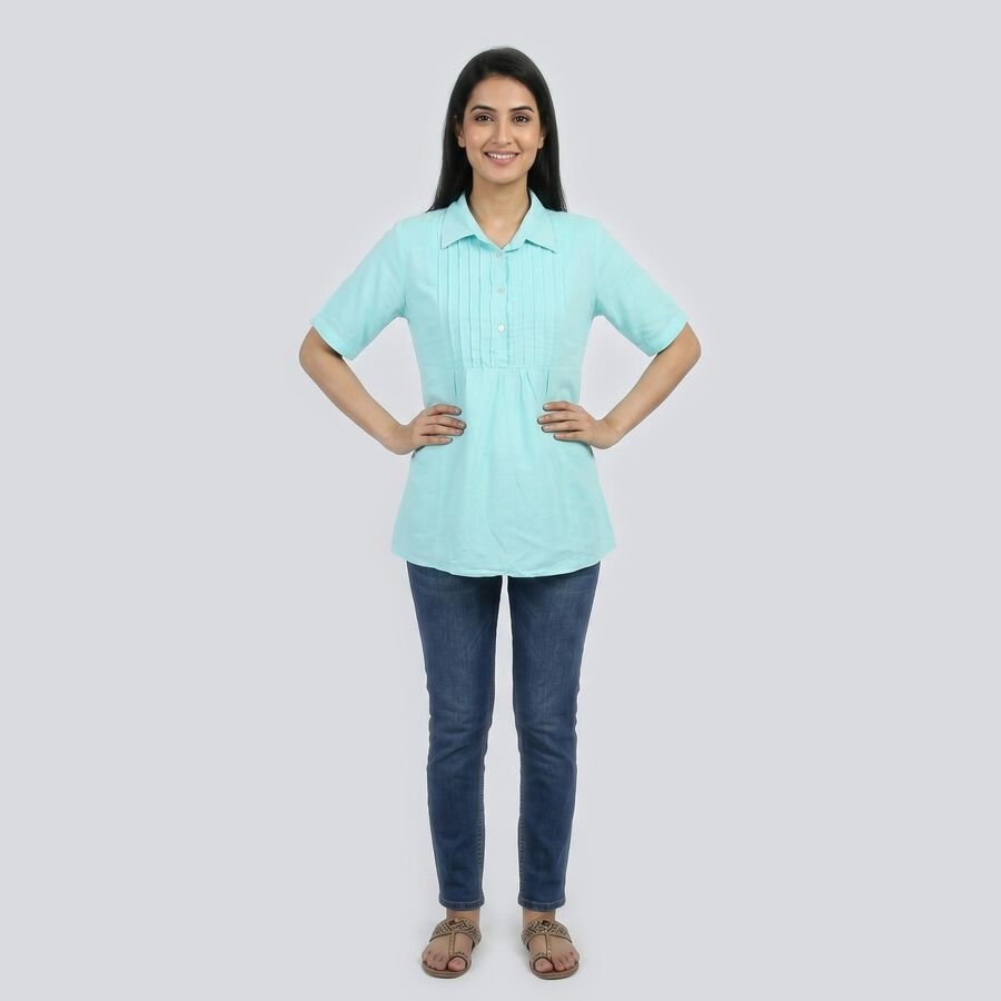 Women's Aqua Collar Neck Pintuck Solid Kurti, Aqua, large