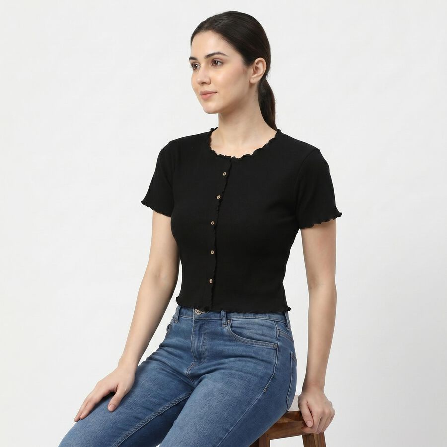 Women's Black Cotton Blend Top, काला, large