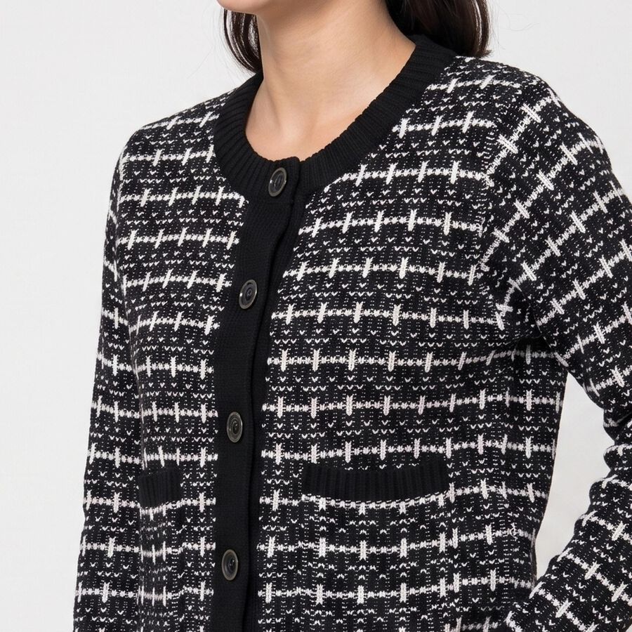 Women's Black Round Neck Button-Front Cardigan, Black, large
