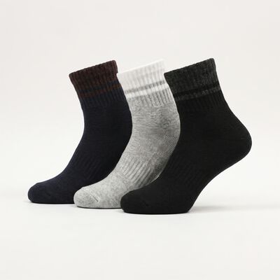 Men Ankle Length Regular Fit Pack of 3 Socks ( Black, Blue, Grey )