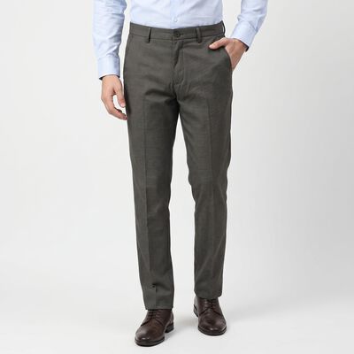 Men's Grey Slim Fit Textured Formal Trousers