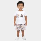 Infants' Beige 100% Cotton Round Neck Printed Baba Suit, Beige, small