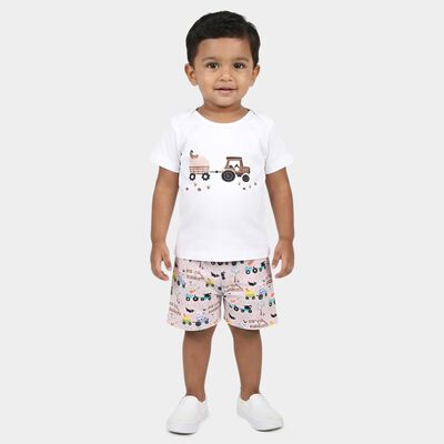 Infants' Beige 100% Cotton Round Neck Printed Baba Suit