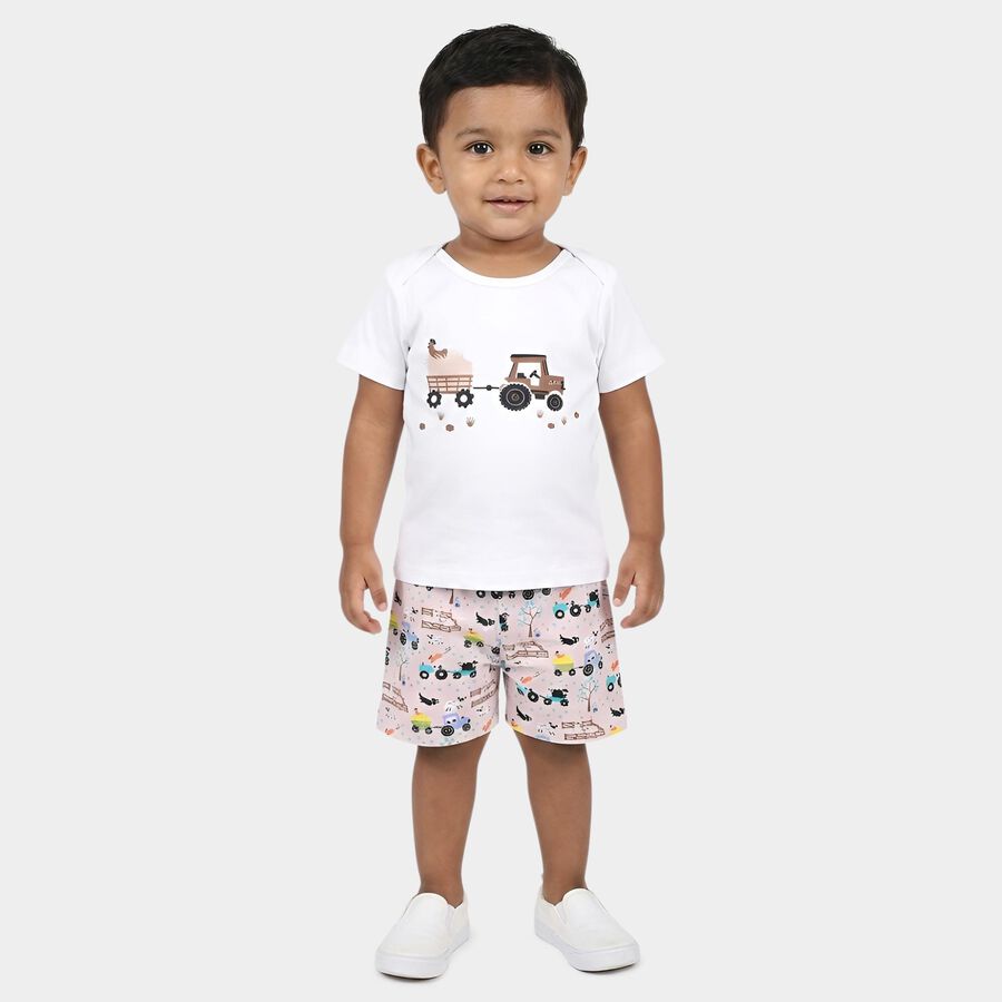 Infants' Beige 100% Cotton Round Neck Printed Baba Suit, Beige, large