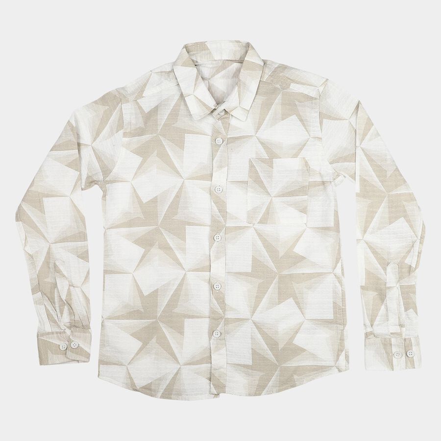 Boys Beige Cotton Geometric Casual Shirt, Beige, large